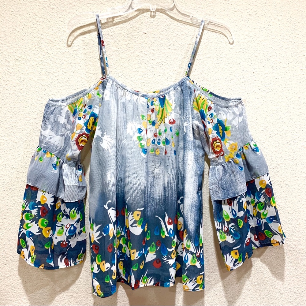 Cold Shoulder Bell Sleeve Multi Color Prints Top